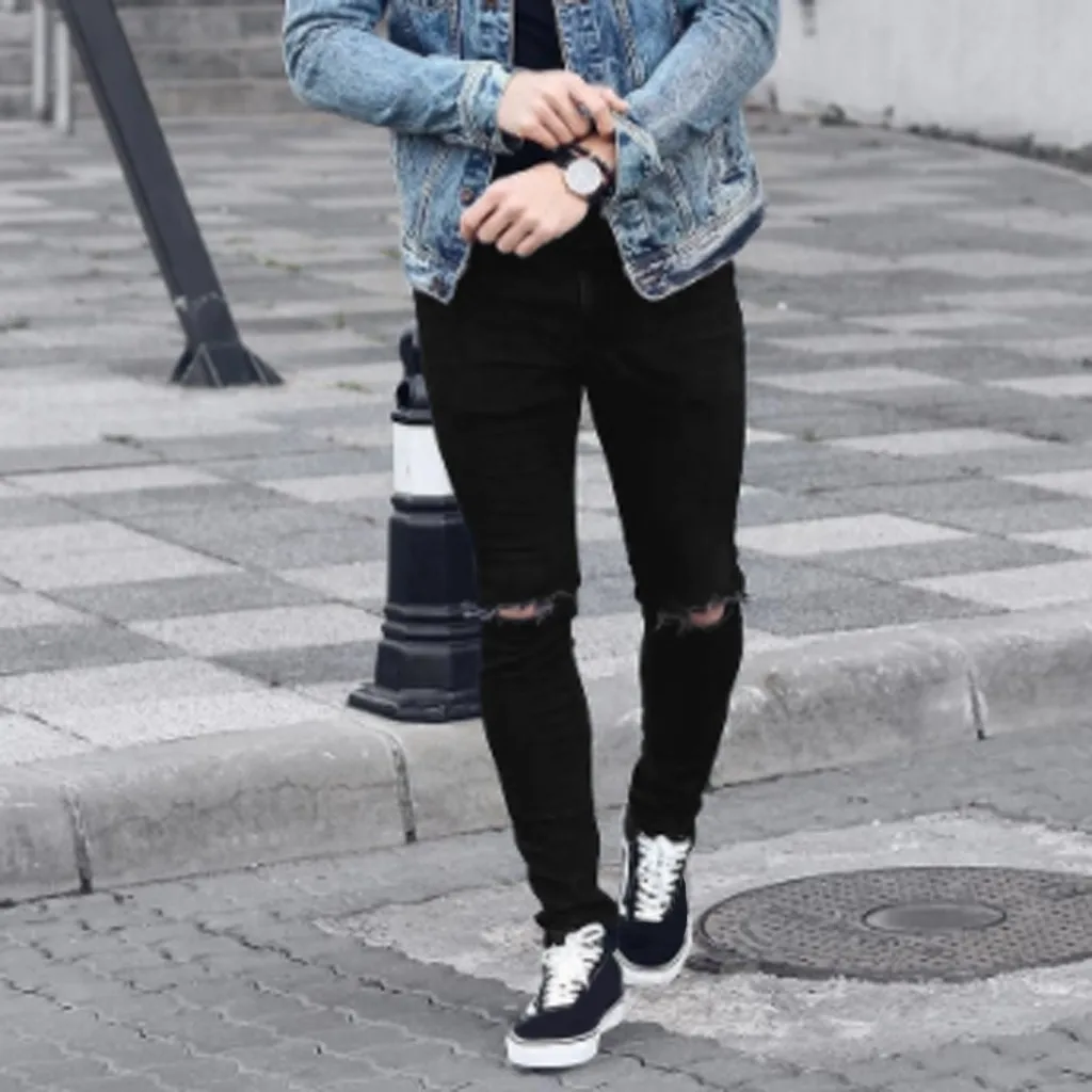 

Men Ripped Skinny Jeans Stretch Destroyed Frayed Slim Fit Denim Pant with Zipper Pencil Pants Trousers Men Clothes