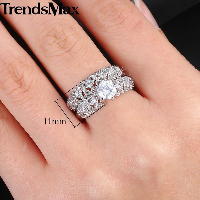 Trendsmax Fine Carving Craft Wedding Filigree Ring Set For Women White Gold Filled Round Clear Cubic Zirconia KGR45