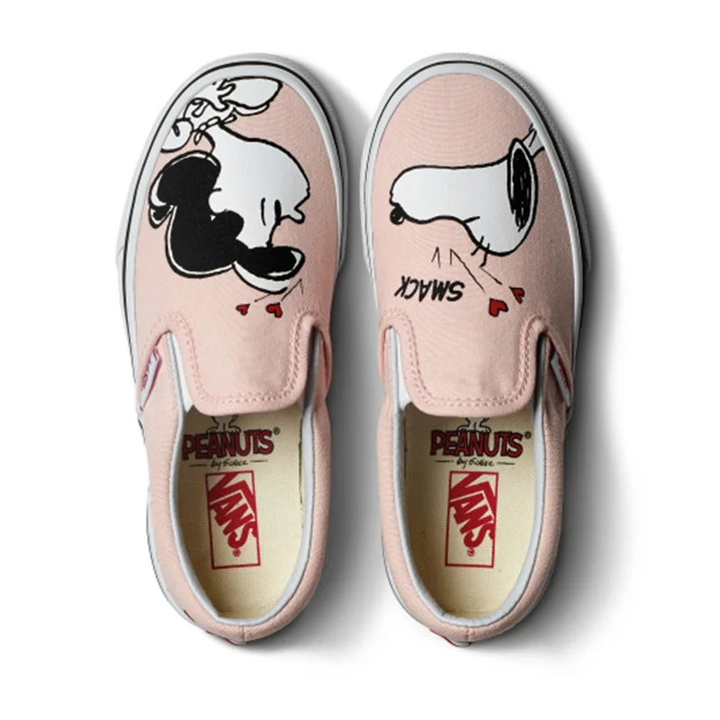 Original Vans Shoes VANS X PEANUTS Women's Slip-on Pink Colour Skateboarding Shoes Sport Shoes Cartoon Flat Low-Top Sneakers