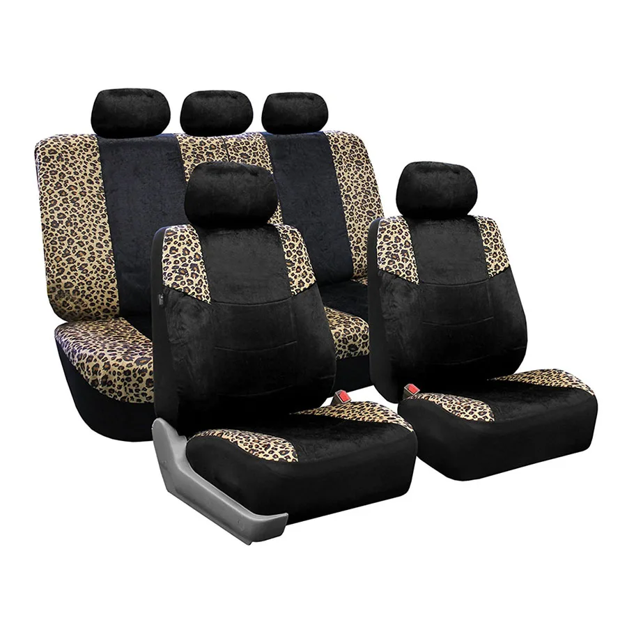 

5Seat Black Lush Velour Seat Cover Airbag compatible and Split Bench Leopard Full Set fo Car SUV Truck