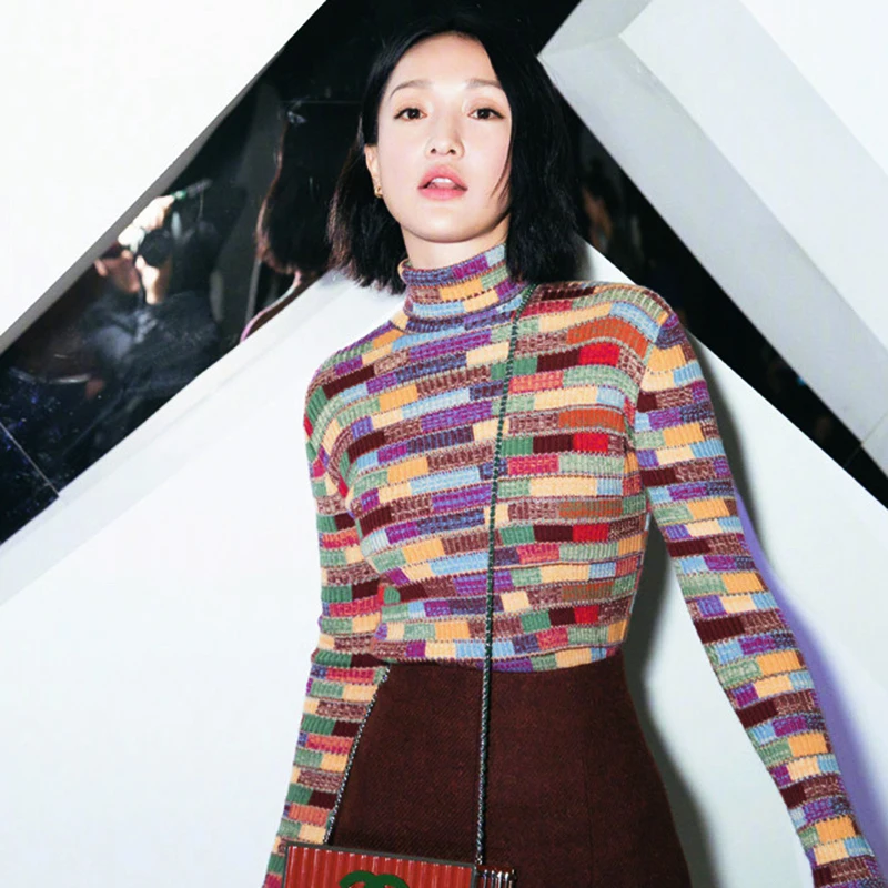

High Quality Sweater for Women Runway Designer Turn-down Collar Long Sleeve Colorful Plaid Striped Knitted Pullovers