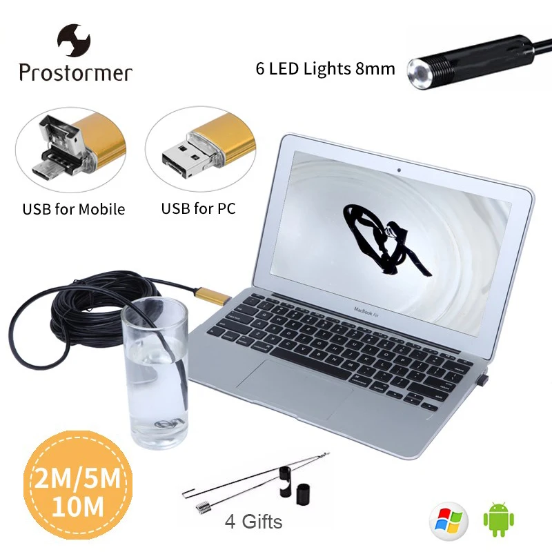 Prostormer 8 мм 2в1 USB эндоскоп камера 6Led Broscope ПК Android задняя золотая 2/5/10 м|Бороскопы| |