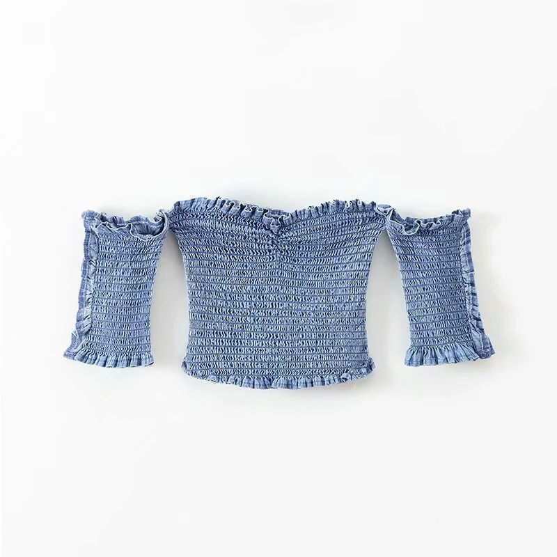 Осень Винтаж очень сексуально Off Shoulder Denim Top Для женщин Ультра Короткие плиссированные Тип оборками короткий рукав оболочка Топ - Цвет: Denim Blue