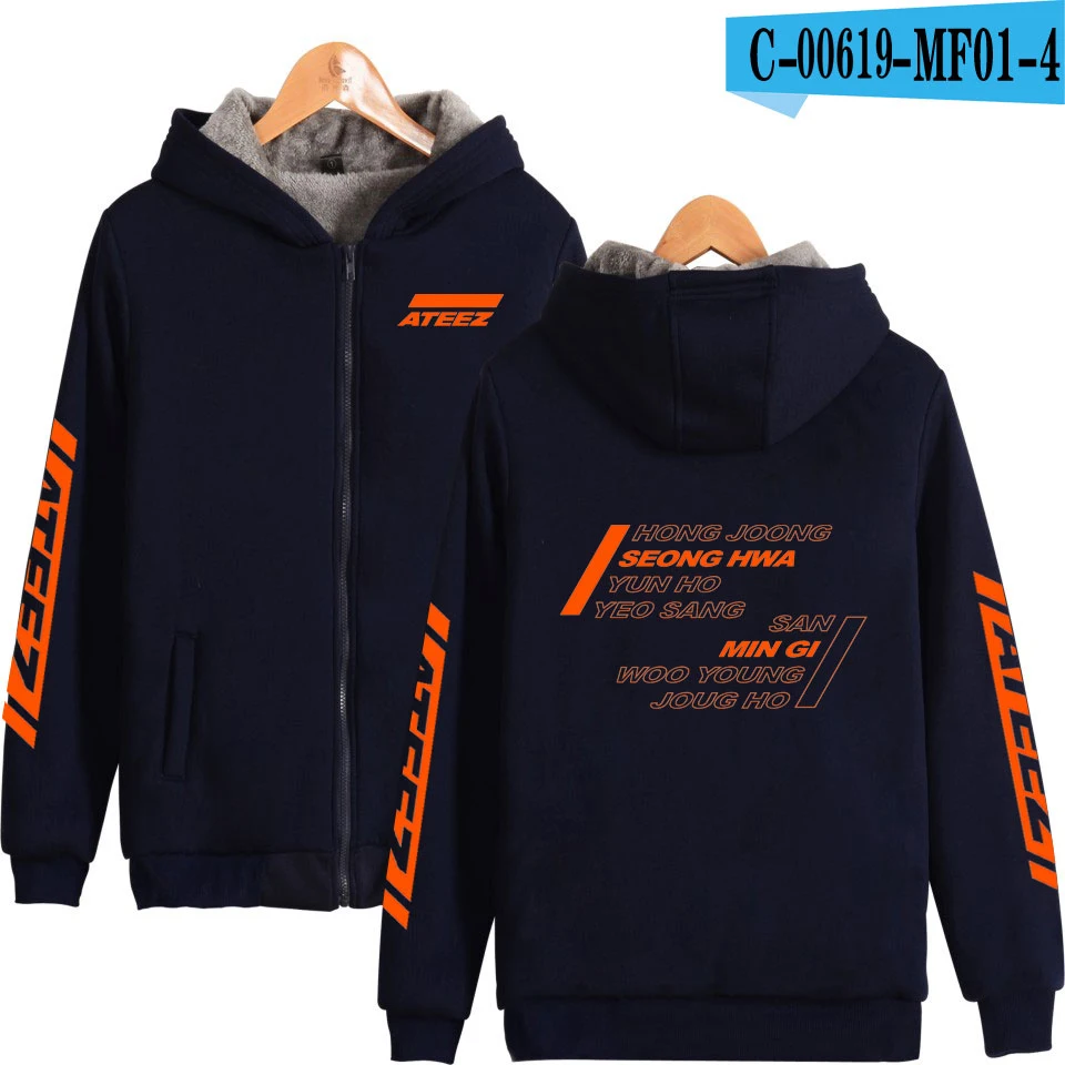 Новые толстовки с капюшоном с принтом ATEEZ Харадзюку, плотные толстовки на молнии с капюшоном с длинным рукавом, женская повседневная одежда, большие размеры - Цвет: Navy blue