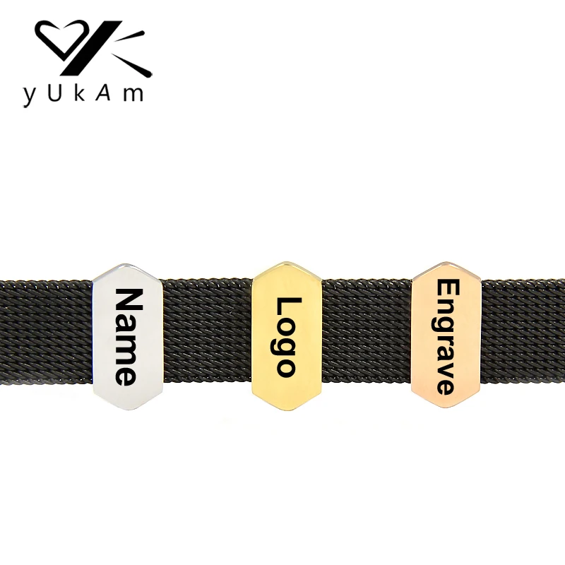 

YUKAM Personalized Custom Name Engraved Hexagon Bar Slider Charms Keeper for Stainless Steel Mesh Keeper Bracelet Jewelry Making