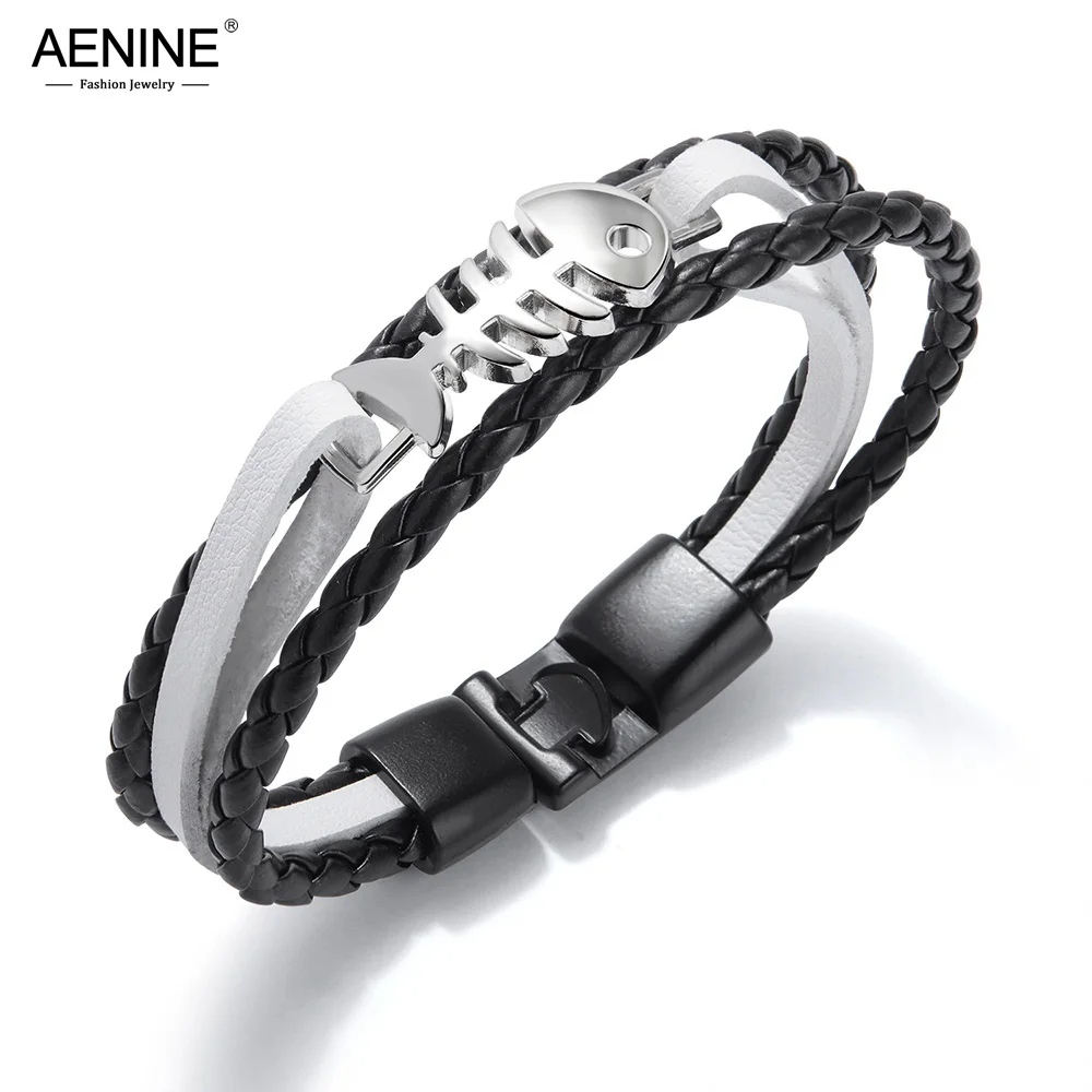 

AENINE New Style Fashion Creative Simple Multi-layer Woven Stainless Steel Fish Bone Bracelet Men's Leather Bracelet AOPH1303