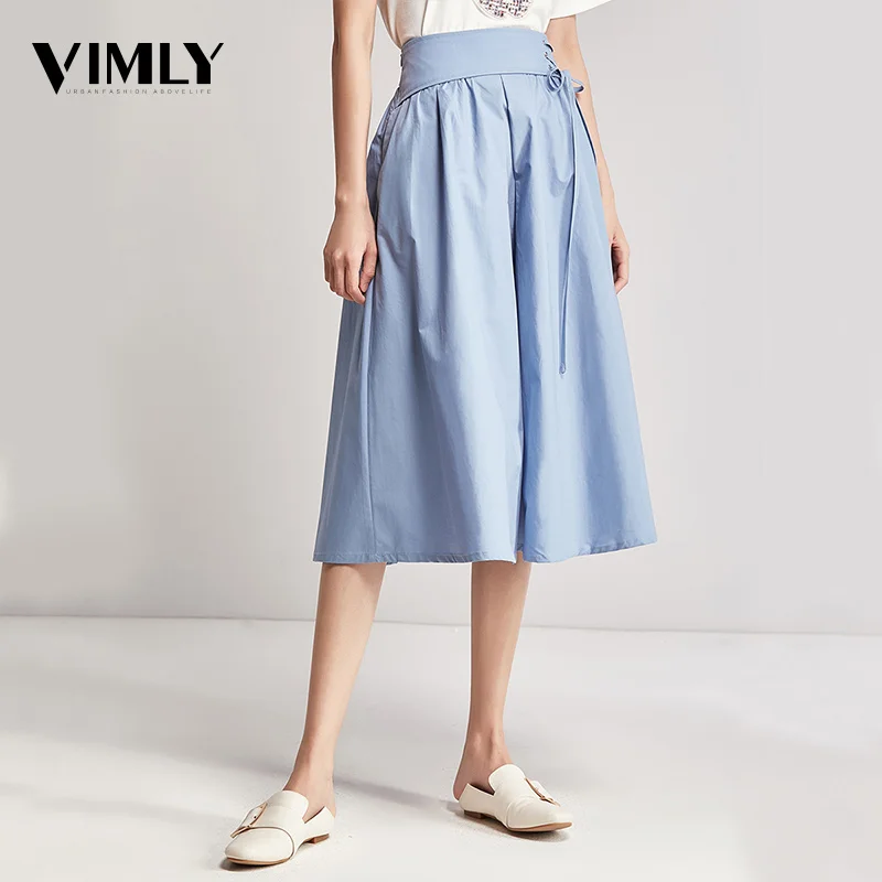 Vimly Summer Midi Lace Up Women Skirt Casual A Line Ladies High Waist Skirt Ladies Green Blue Solid Color Elegant Street Wear