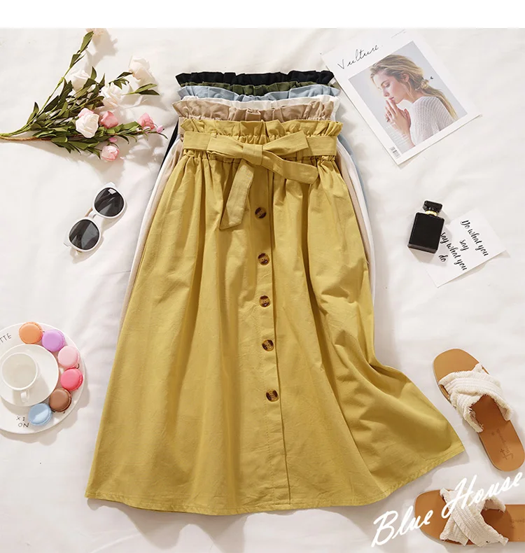 Лето-осень, женские юбки, миди, длиной до колена, Корейская элегантная юбка на пуговицах с высокой талией, Женская плиссированная школьная юбка