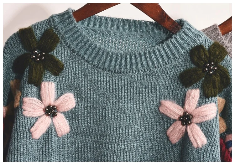 Wonder Sueter Mujer цветочный Embroidey свитер для женщин зима с круглым вырезом бисер жемчуг милый пуловер Повседневный вязаный джемпер