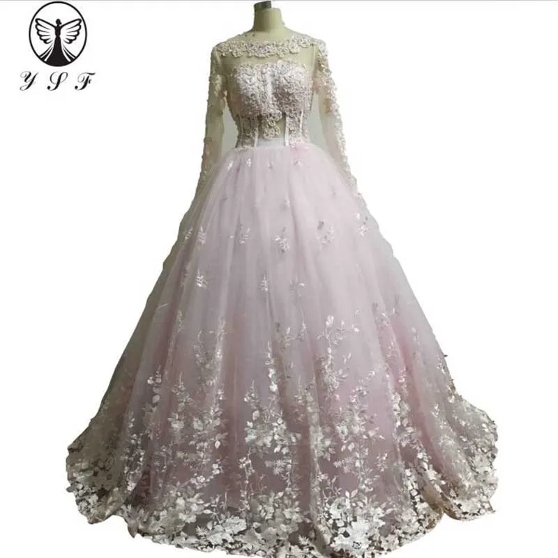 Винтажный бледно-розовый Vestidos De Formature О-образным вырезом с аппликацией расшитый кружевом жемчуг а линия длинный рукав Выпускные платья