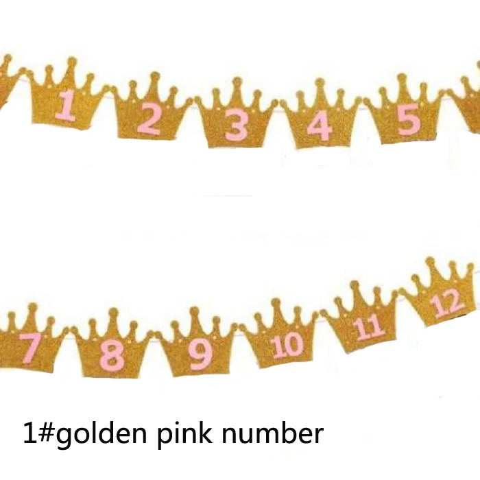 1 golden pink number Праздничные поставки Золотой/сливери Корона вечерние флаги 1'st первый день рождения Вымпел гирлянда с колокольчиками баннер из ткани для флагов для DIY блага - Цвет: 1 golden pink number