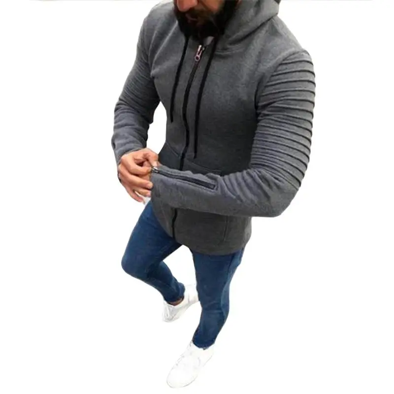 Men Sweatshirts Plus Size Long Sleeve Pleated Zippered Hoodie Sweatersuit Hoody Tops Casual Loose Man | Мужская одежда