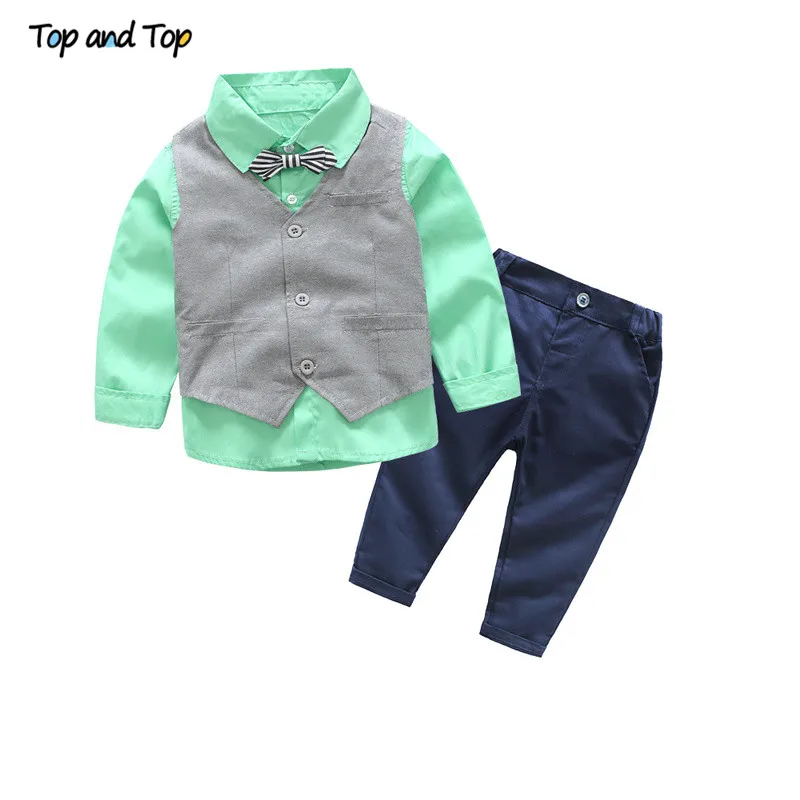 

Top and Top Autumn Kids Boy Gentleman Clothing 3Pcs Suit Long Sleeve Bow Tie Shirt+Vest+Pants Formal Children Boys Clothing Set