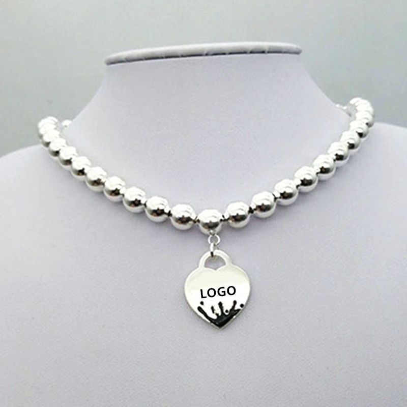 

TIFF original 100% 925 sterling silver heart-shaped black bead string necklace pendant with logo1:1 high quality fashion jewelry