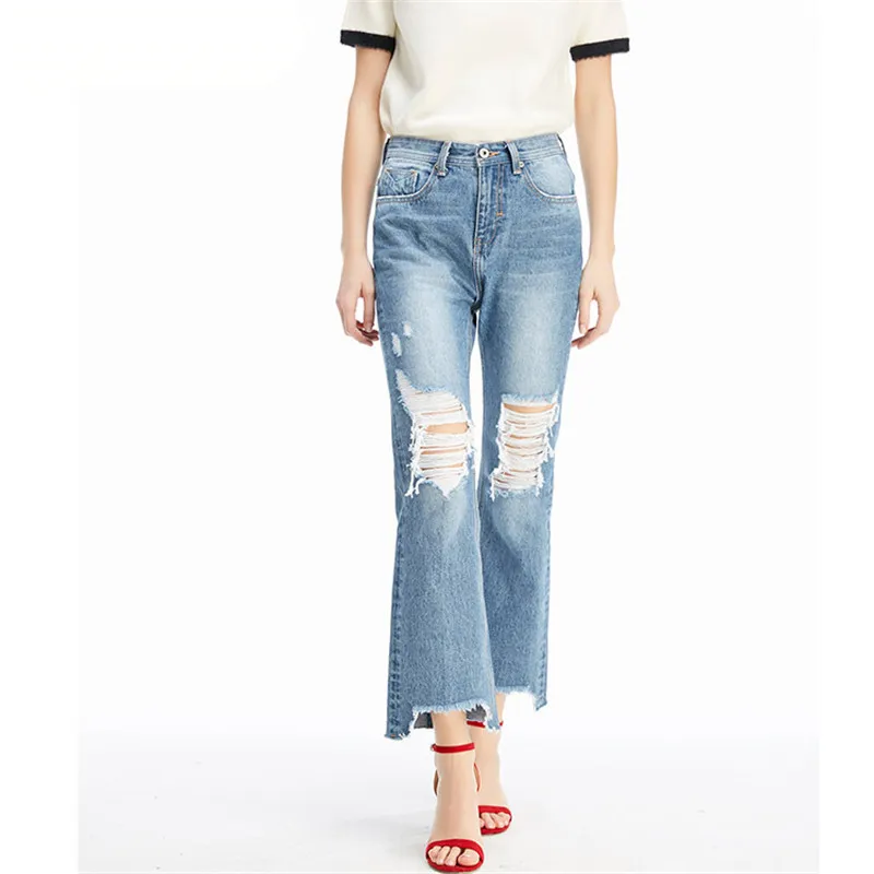 MORUANCLE Fashion Women High Waist Ripped Wide Leg Jeans Ladies Distressed Flare Denim Pants Destroyed Bell Bottom Jean Trousers