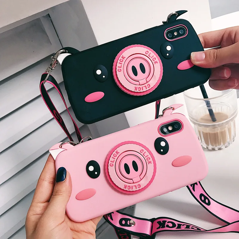 

3D Silicon Cute Pig Camera Strap +Bracket for iPhone7 plus Case Phone Cover for Apple 6s For iPhone X / 8s / 8plus / 7s plus