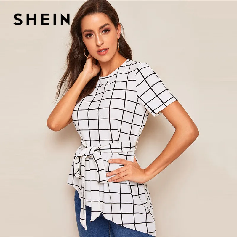SHEIN летняя блузка с асимметричным подолом и поясом в сетку женская одежда OL Элегантная блузка с коротким рукавом и круглым вырезом Женские топы