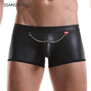 

Plus Size Boxers Black Nylon Sexy Men Low Rise PU Faux Leather U Bulge Underwear Boxers Shorts Cool Underpants Cueca Underwear