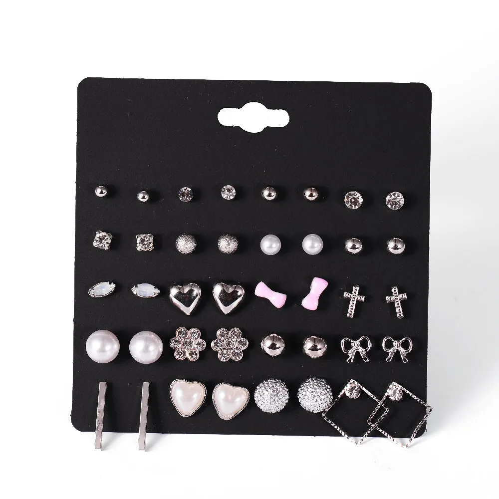 

DANZE 2019 Fashion 12 pair/set Women Shiny Crystal Heart Stud Earrings for Women Kids Piercing Simulated Pearl Flower Earrings