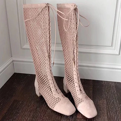 Long Pink Boot Tight Heel for Womens Lace Mesh Boots Summer Boots Chunky Heels Women - Цвет: No 2