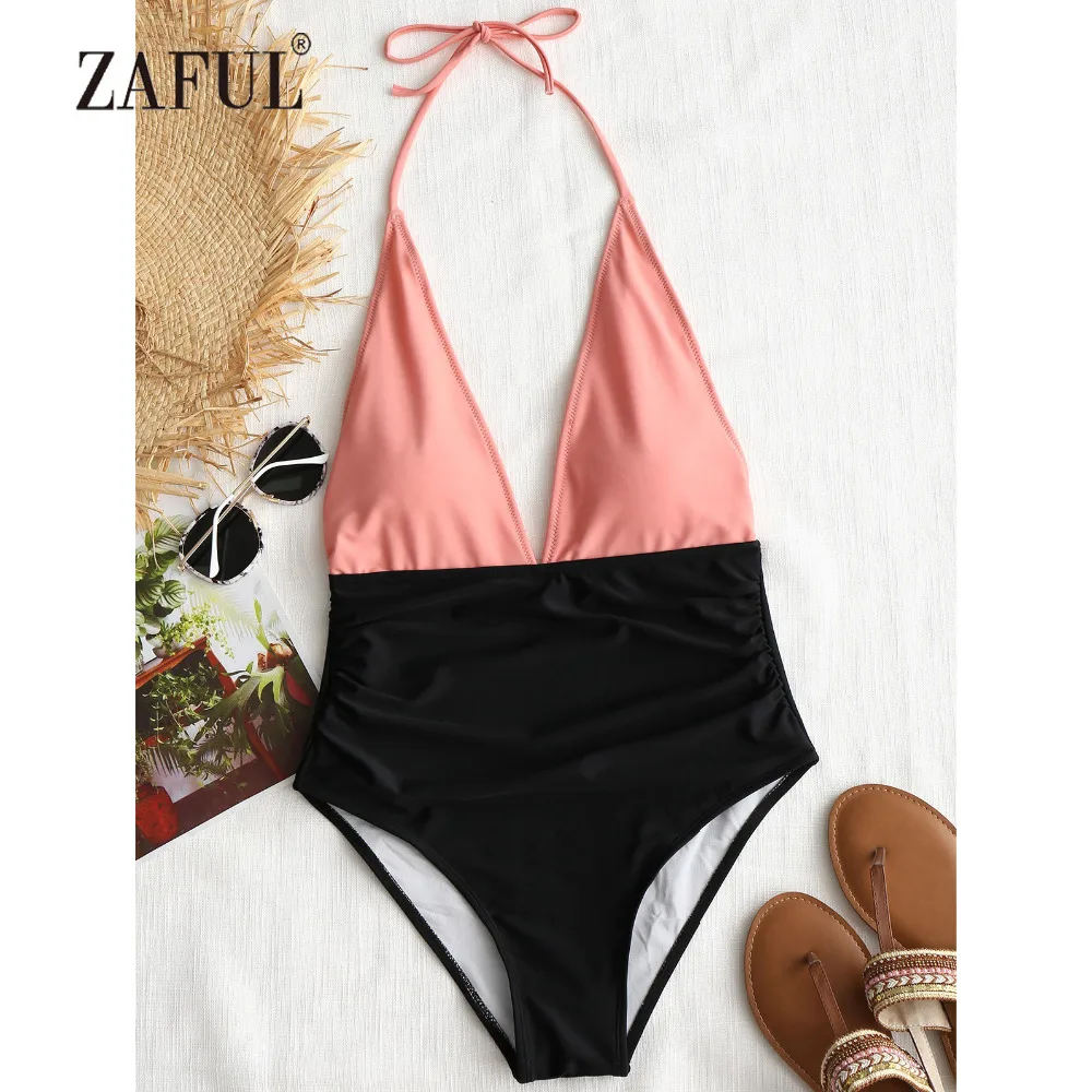

ZAFUL One Piece Swimwear Women Two Tone Plunge One Piece High Waisted Swimsuit Halter Patchwork Orange Color Block Bathing Suit