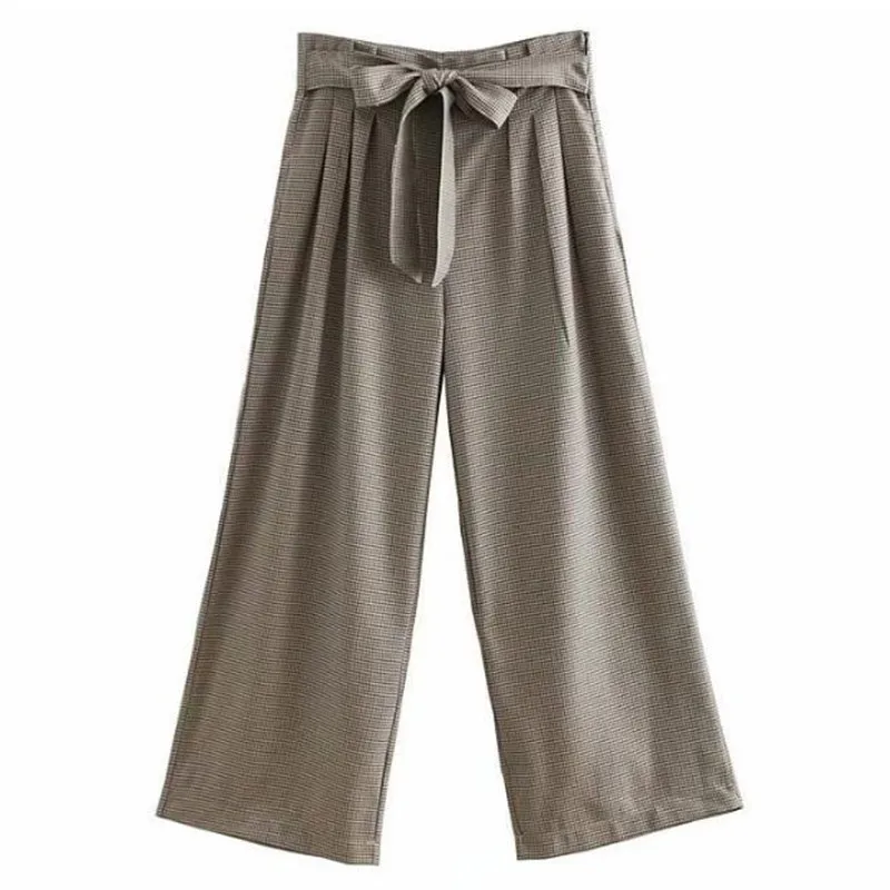 2019 Women Retro Sashes Tide Bow Check Plaid Wide Leg Pants Woman High Waist Long Loose Ankle-Length Trousers Coffee