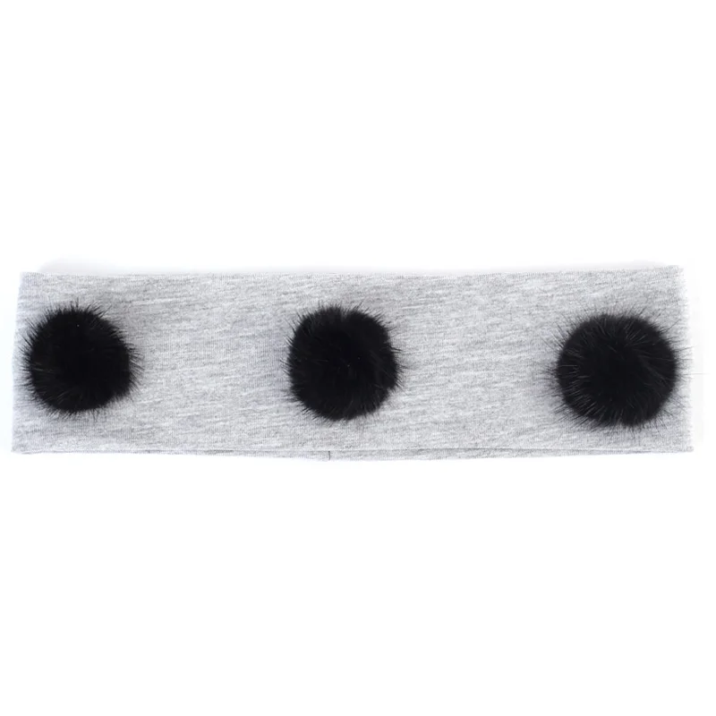 Black Light Grey Детская повязка из хлопка для новорожденных, коллекция года, весенний модный помпон из меха норки, повязка на голову для девочек, простая повязка на голову с аппликацией - Цвет: Black Light Grey