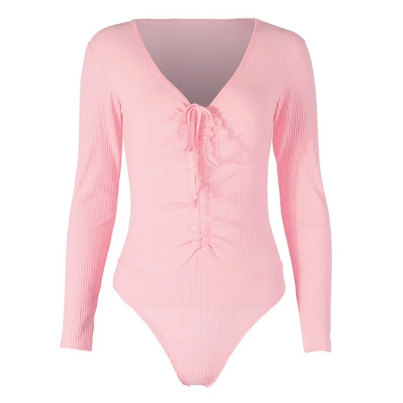 pink Laamei, сексуальные одноцветные боди для женщин, стрейчевый Топ с длинным рукавом, v-образный вырез, боди на шнуровке, комбинезон, облегающий, женский комбинезон, пляжная одежда - Цвет: pink
