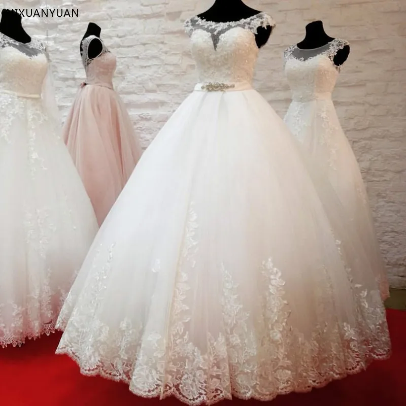 

Vestido De Noiva Princess Wedding Dress 2019 Applique Lace Scoop Puffy Ball Gown Bridal Dress with Belt Robe De Mariee