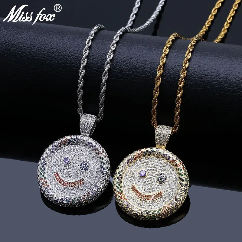 

MISSFOX Hip Hop Grinch Smiley Face Round Luxury Brand High Quality Cubic Zirconia Emoji Male Long Gold Chain Necklace Pendant