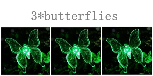 3 butterflies RGB светодиодный садовый светильник на солнечной батарее Открытый водонепроницаемый для украшения сада бабочка птица Стрекоза современный Путь Газон солнечный светильник Декор - Испускаемый цвет: 3 butterflies