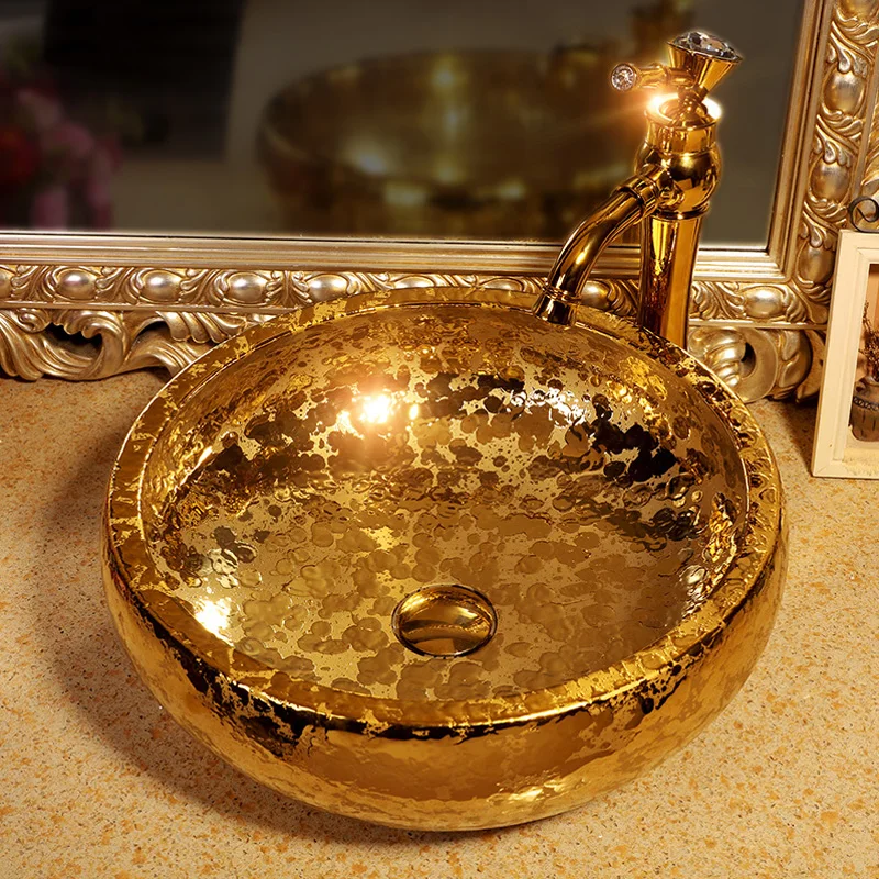 Jingdezhen Ceramic Sanitary Toilet Table Wash Basin Beautiful Decoration Art Basin golden glazed Bathroom Wash Basin ceramic (3)