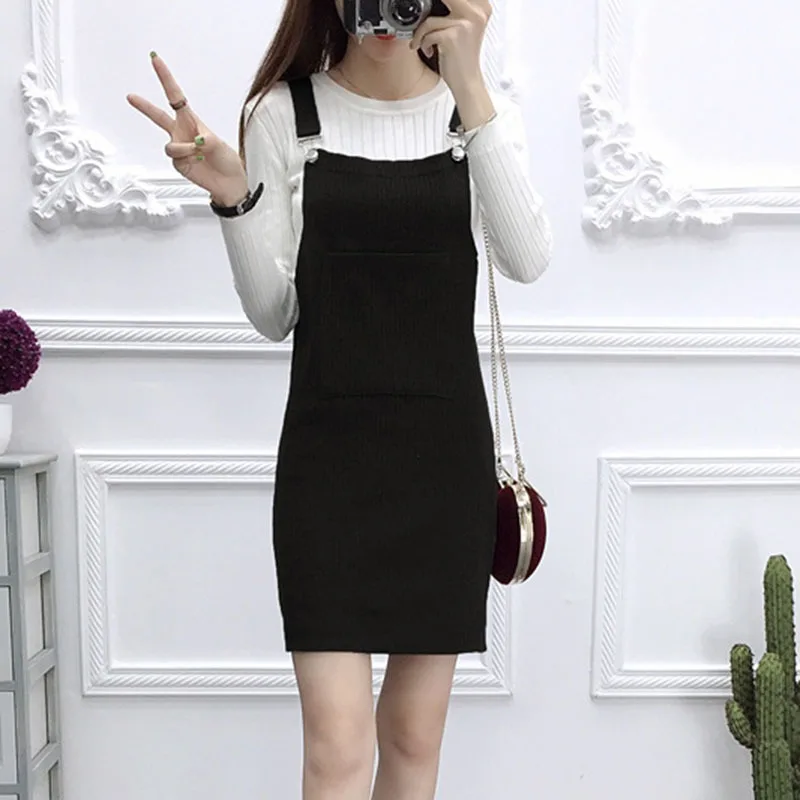 

Korean Style Sleeveless Knitted Overall winter Dress For Women Solid Color Pockets Wild Simple Mini Dresses Female Vestidos