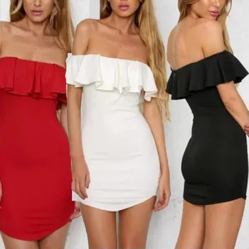 

2019 New Solid Color Above Knee Dress elbise Women Summer Fashion Summer Off Shoulder Solid Ruffles Sexy Mini Sundress Dress #C