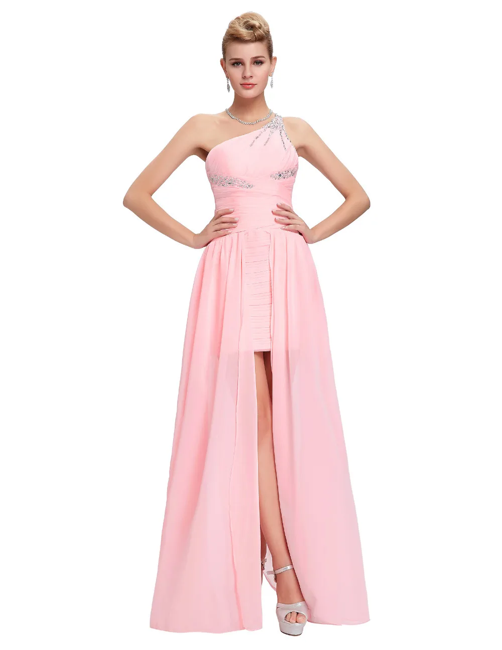 Elegant One Shoulder Pink Short Front Long Back Chiffon Bridesmaid Dress