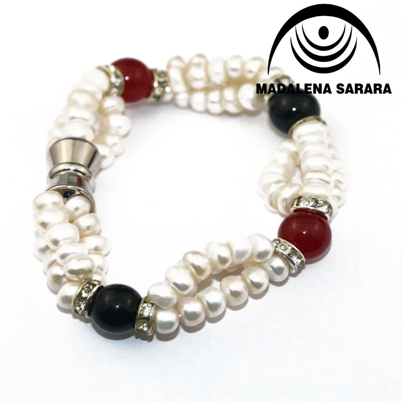 

5-6mm Genuine Freshwater Pearl Bracelet Beaded Making 3 Row Pearl With semi precious Stone Bead Bracelet 3.95"