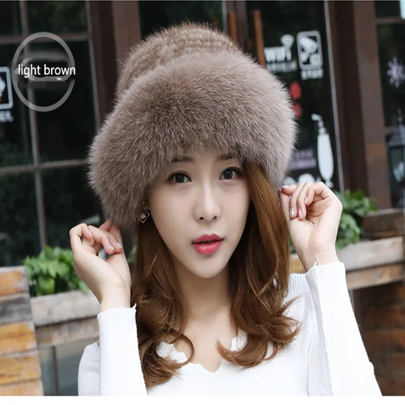 Light brown Для женщин норки Лыжная шапка Горячая Распродажа русская меховая шапка норки с лисой в сочетании меховой моды шапка вязаная подкладка зимние - Цвет: Light brown
