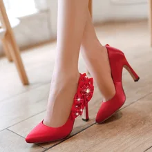 Weiß/Schwarz/Rot Spitze Satin Blumen Frauen Hochzeit Schuhe High Heels Slip Auf Brautschuhe Plus Size EU34-43 6128