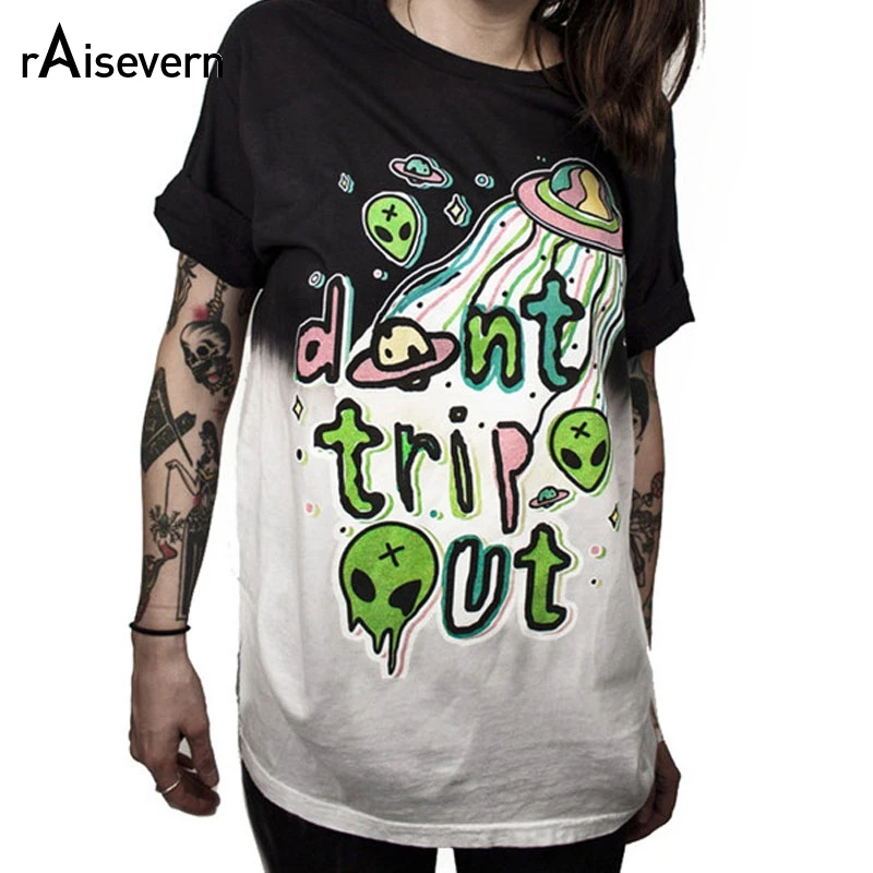 

Raisevern Alien UFO World "Don't Trip Out" Funny Crazy ET 3D Print T Shirt Unisex Women/men Short Tee Lady Black And White Color