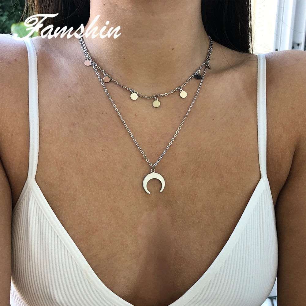 

FAMSHIN New Fashion trendy Jewelry Multi Layer Round Sheet moon Pendant Necklace gift for Women girl