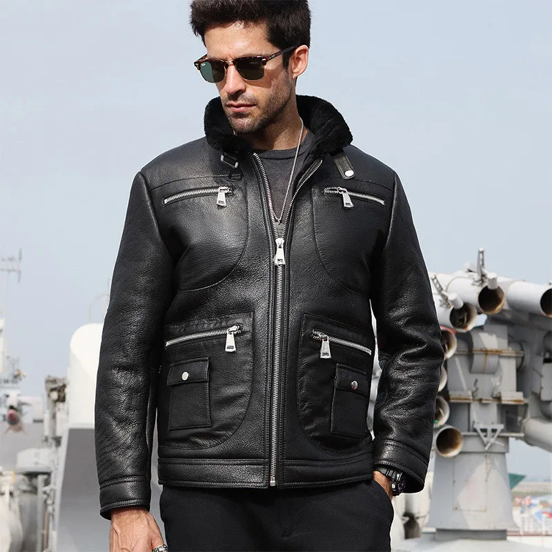 2018 черный для мужчин Slim Fit натуральная повседневное Дубленки пальто плюс размеры XXXXL зимние толстые русский натуральный кожаная куртк