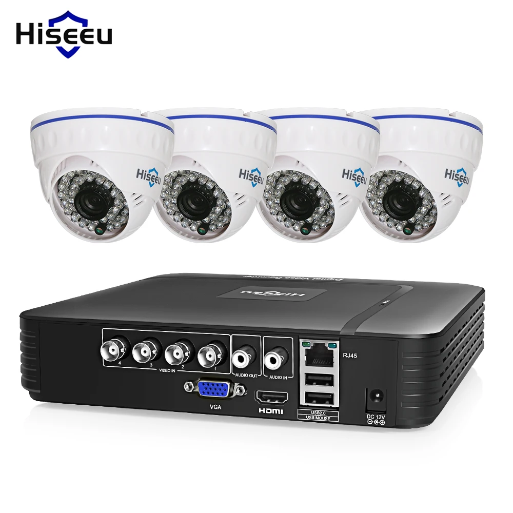 Hiseeu CCTV Camera System 720P/1080P AHD DVR Kit 4 Channel dome home