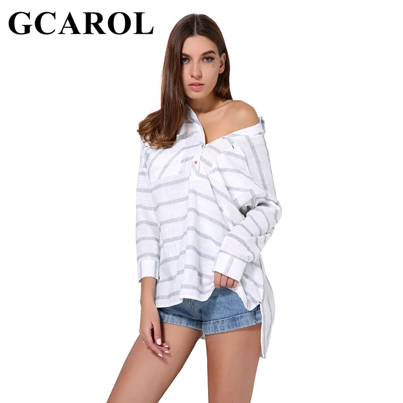 

GCAROL 2019 New Prairie Chic Style Women Striped Oversize Blouse Two Pockets Fashion Casual Asymmetric Tops OL Long Shirt