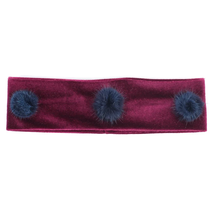 Navy Wine Red Geebro/однотонная повязка на голову с помпоном для новорожденных девочек, бархатные повязки на голову с помпонами из натурального меха, эластичная повязка на голову с аппликацией - Цвет: Navy Wine Red