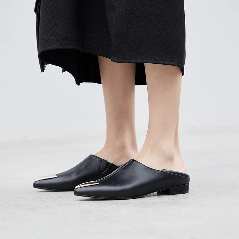 Korean Fashion Flat Shoes Women Spring Autumn Pointed Toe Metal Front Vintage Casual Shoes Slip on Genuine Leather Female Shoes