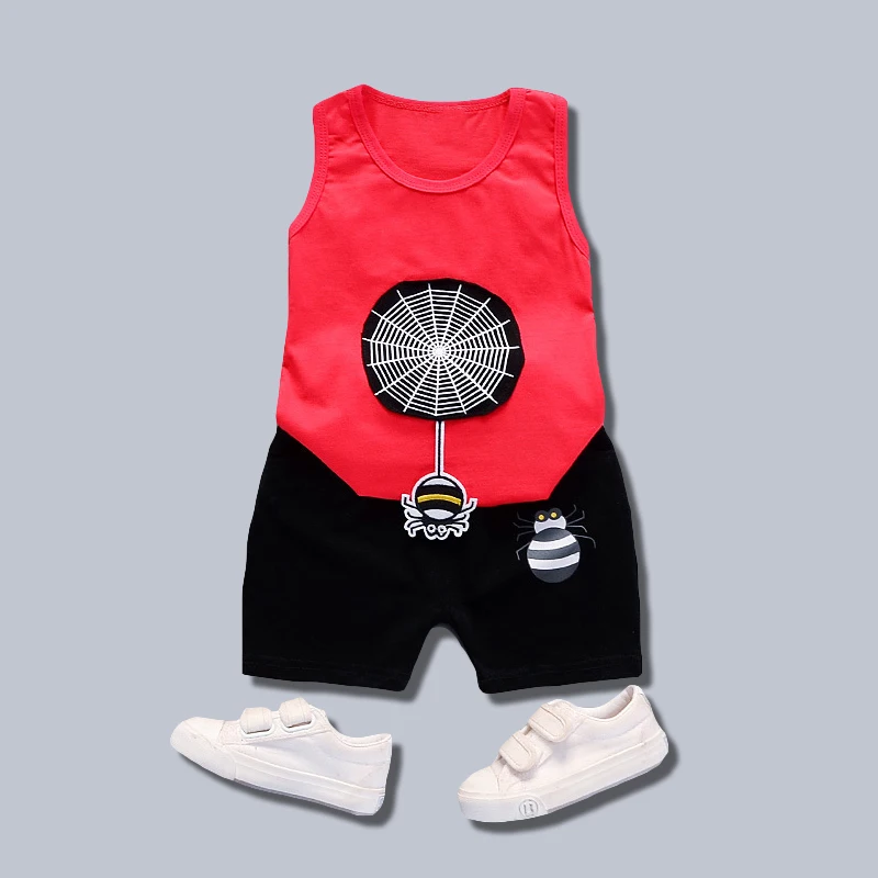 

Summer New Kids Clothes Red Cartoon Spider Pattern Children Clothes Shorts Suit Boy Baby Vest Clothes + Pants Suit Boy Clothes