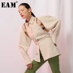 [EAM] 2019 новый сезон: весна-лето с лацканами длинным рукавом бежевый съемный спинки шнурок свободные женская рубашка, блузка Мода прилив JH581