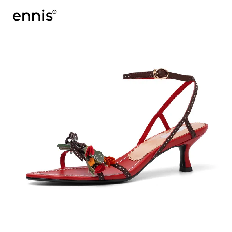 ENNIS/; сандалии-гладиаторы с цветочным узором; женские шлепанцы из натуральной кожи на тонком каблуке; Летние босоножки с ремешком на щиколотке; Новинка; дизайнерская обувь; M957