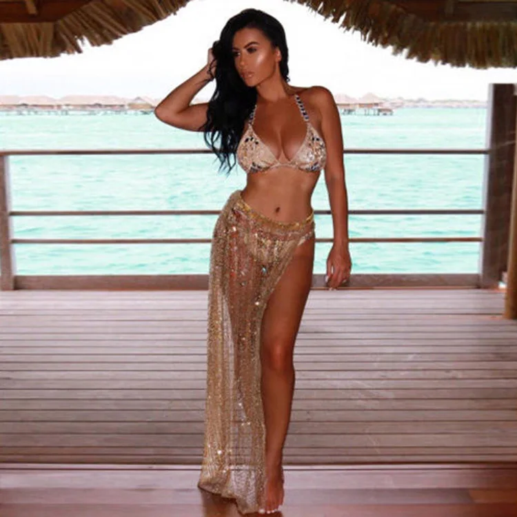 Summer Sexy Beachwear Rhinestone Long Sequin Skirt Loose Side Split Mesh See Through Gold Maxi Glitter Skirt Sparkle Female