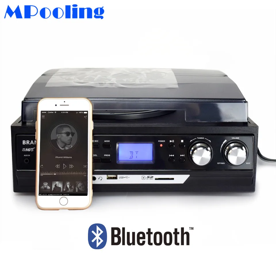 MPOOLING 3 скоростной Виниловый проигрыватель с Bluetooth Кассетный MP3 плеером USB рекордер